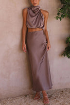 Damen Satin Zweiteiler mit Neckholder-Top und Maxirock für elegante Anlässe