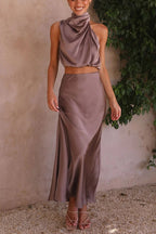 Damen Satin Zweiteiler mit Neckholder-Top und Maxirock für elegante Anlässe