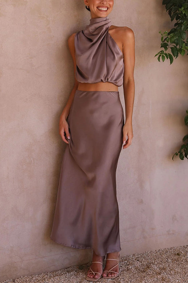 Damen Satin Zweiteiler mit Neckholder-Top und Maxirock für elegante Anlässe