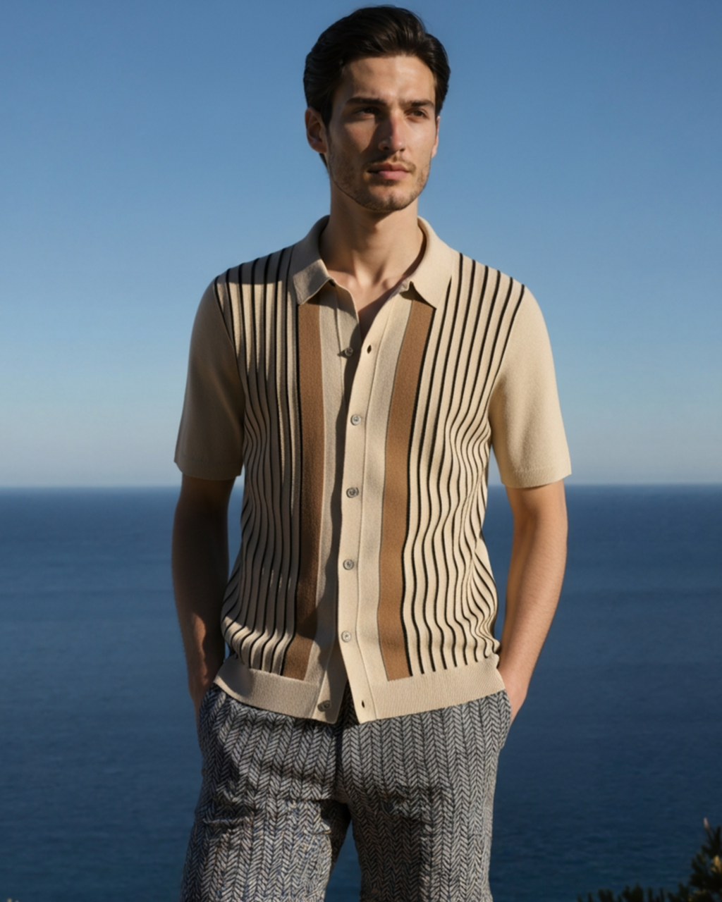 Men's Retro Vertical Striped Knit Polo Cardigan with Button Front and Tailored Resort Fit