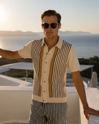 Men's Retro Vertical Striped Knit Polo Cardigan with Button Front and Tailored Resort Fit