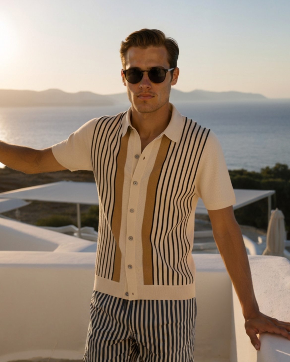 Men's Retro Vertical Striped Knit Polo Cardigan with Button Front and Tailored Resort Fit
