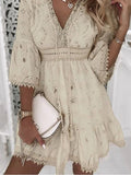 Women's Bohemian Eyelet Lace Mini Dress with V-Neck, Bell Sleeves, Tassel Tie and Scalloped Hem