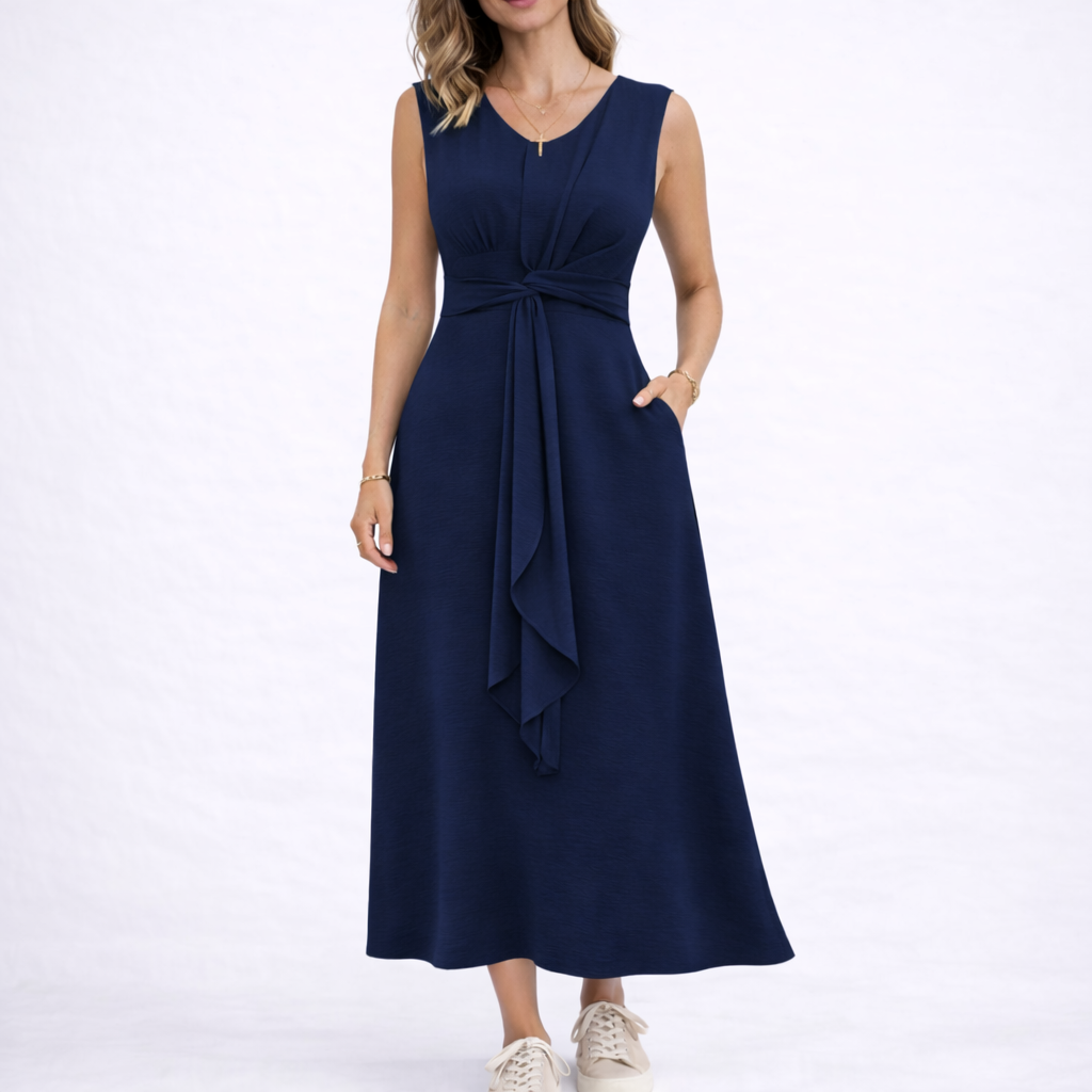 Ärmelloses Maxikleid für Damen mit gedrehtem Taillenband, drapiertem Frontknoten und schmeichelhaftem V-Ausschnitt