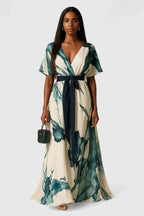 Women’s Watercolor Print Belted Maxi Dress