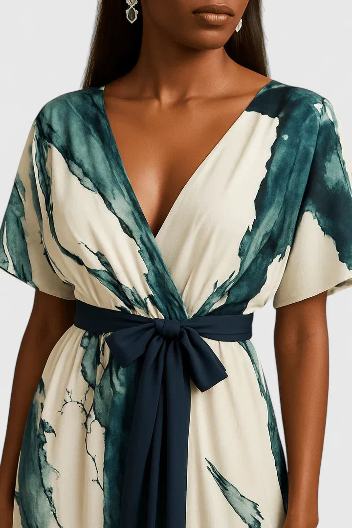 Women’s Watercolor Print Belted Maxi Dress