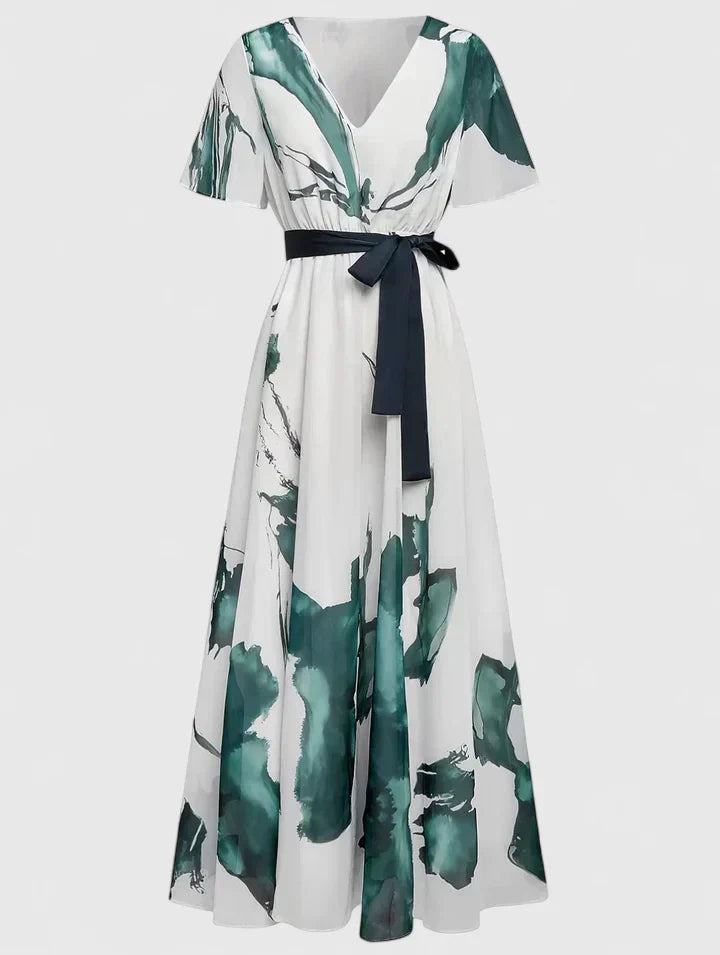 Women’s Watercolor Print Belted Maxi Dress