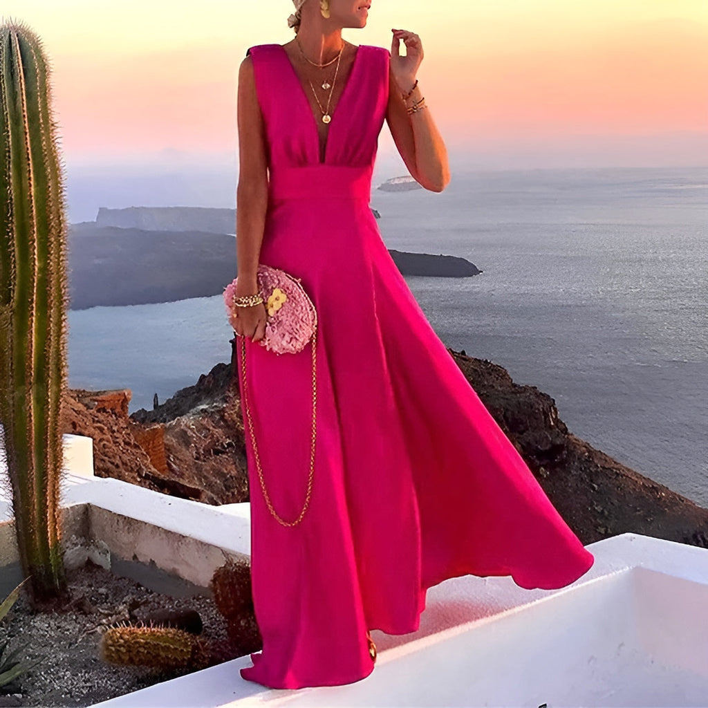 Maxikleid für Damen mit tiefem V-Ausschnitt und fließendem Rock für elegante Anlässe
