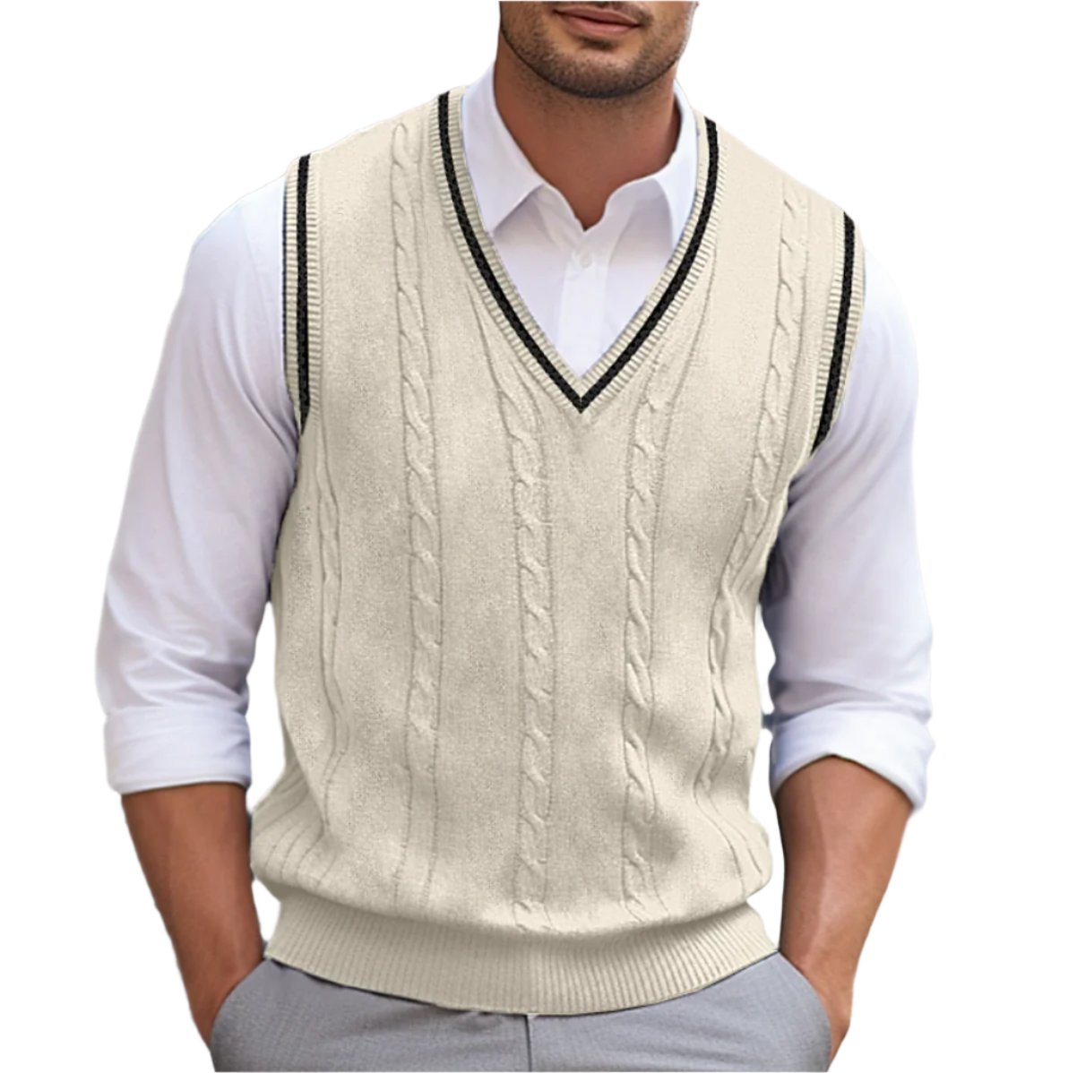 Gilet da uomo in maglia a trecce con scollo a V