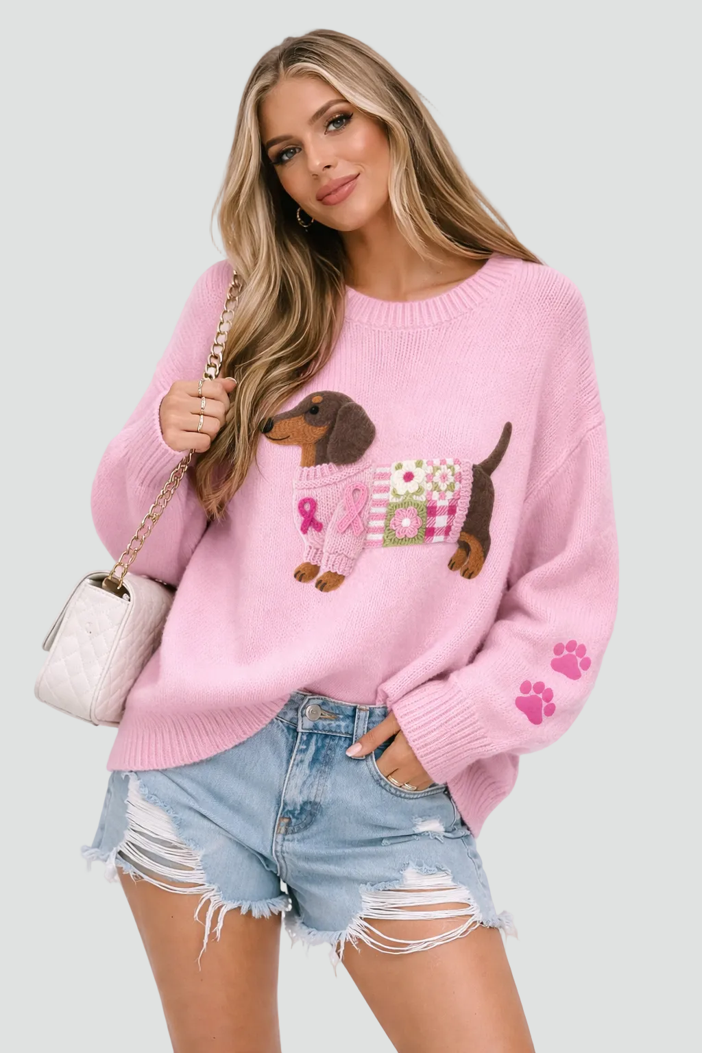 Crewneckstriktrøje til kvinder med hundemotiv