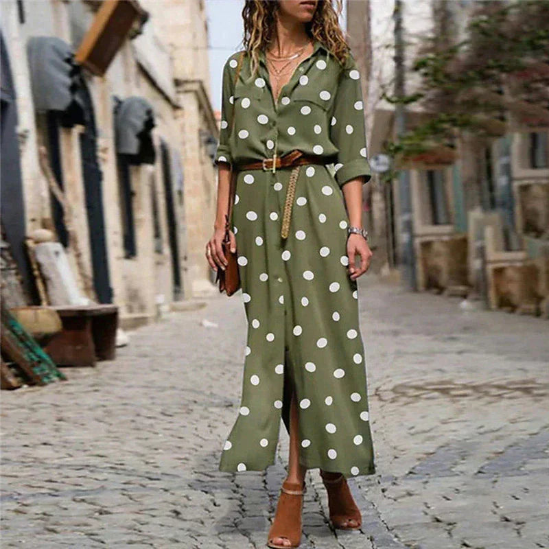 Damen Midikleid mit Polka Dots, Knopfleiste vorne und verstellbarem Taillengürtel