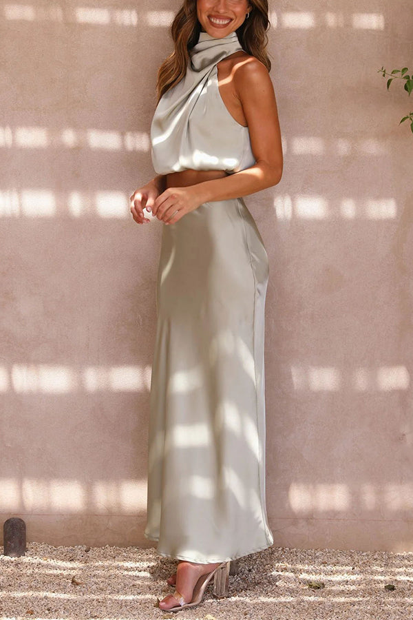 Damen Satin Zweiteiler mit Neckholder-Top und Maxirock für elegante Anlässe