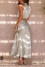 Damen Satin Zweiteiler mit Neckholder-Top und Maxirock für elegante Anlässe