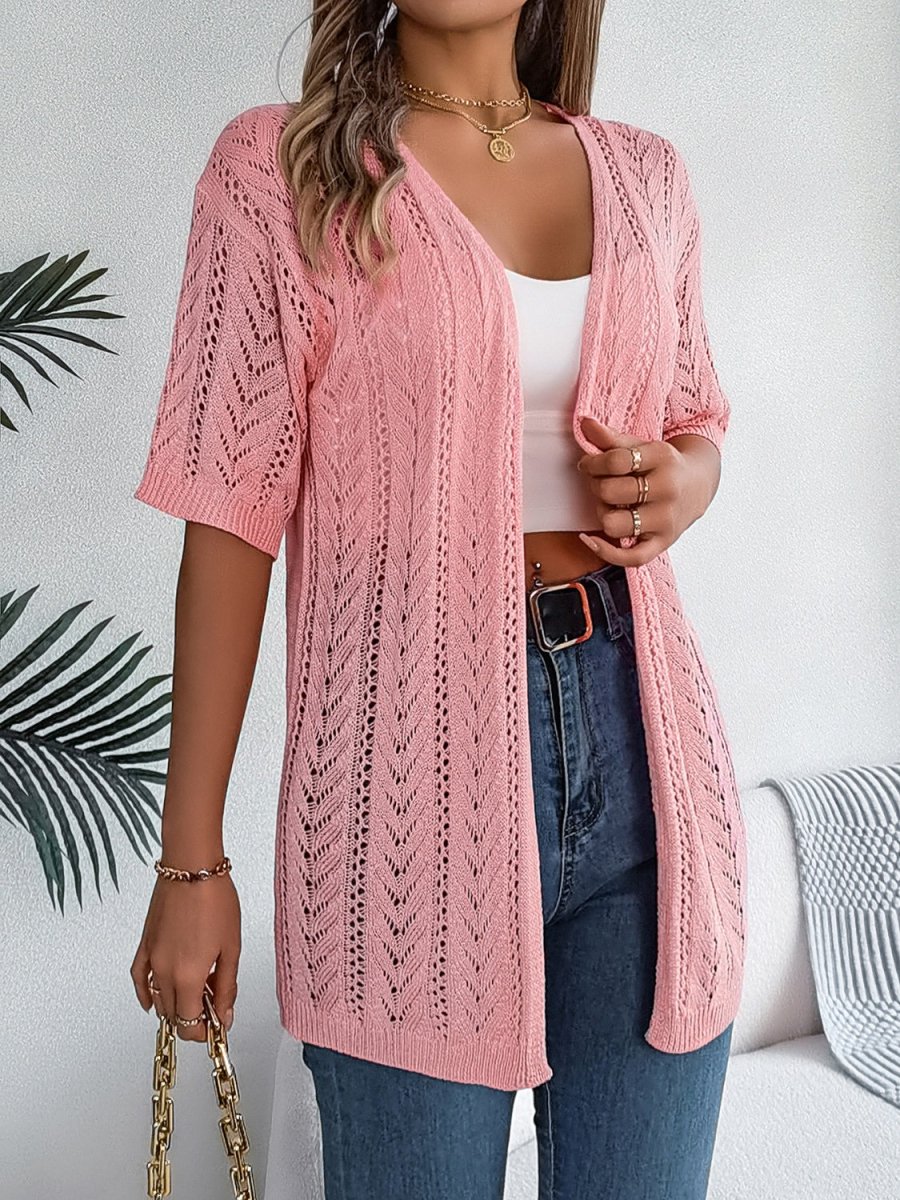 Eleganter Damen-Strickcardigan mit Lochmuster und halblangen Ärmeln für leichte und stilvolle Lagenlooks