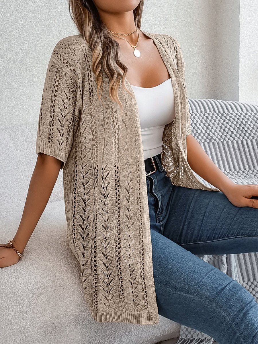 Eleganter Damen-Strickcardigan mit Lochmuster und halblangen Ärmeln für leichte und stilvolle Lagenlooks