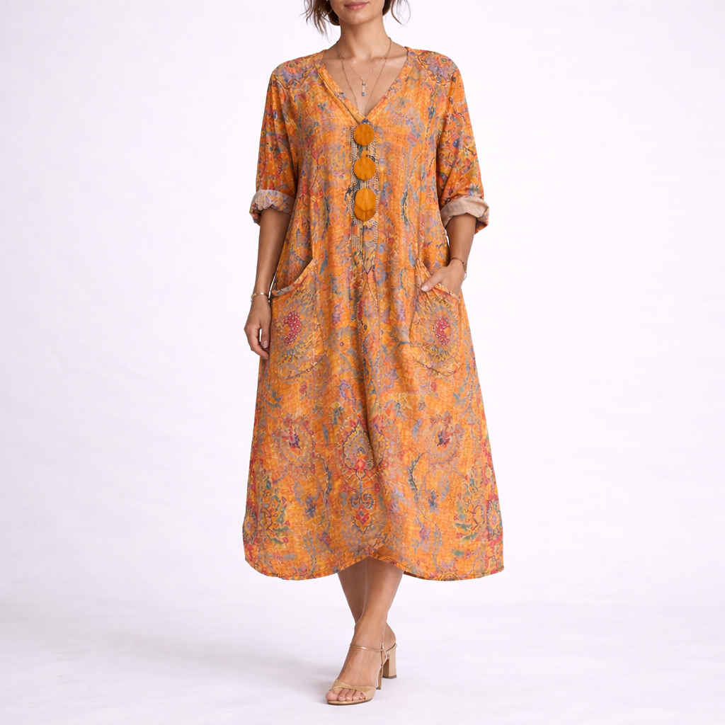 Maxikleid für Damen im Boho-Stil mit Paisley-Muster, V-Ausschnitt, dekorativen Knöpfen und Seitentaschen