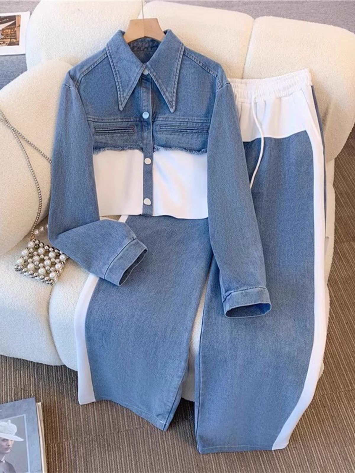 Ensemble deux pièces contrasté en denim pour femme