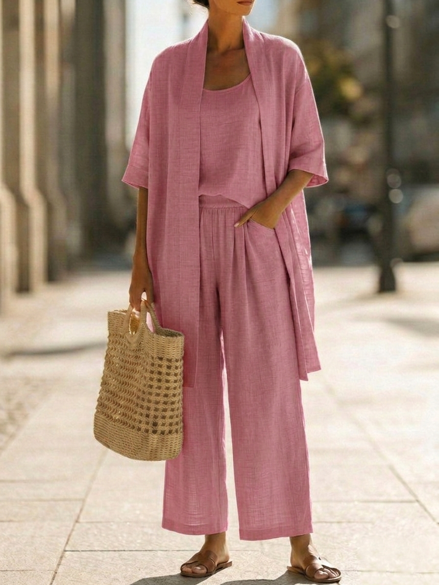 Ensemble détente pour femme composé d'un cardigan ouvert en trois pièces et d'un pantalon large