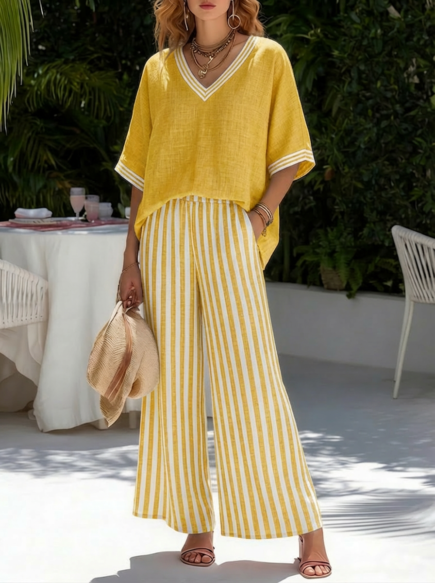 Ensemble pour femme composé d'un haut oversize à col en V et d'un pantalon large rayé