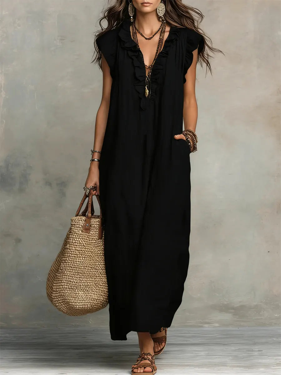 Robe maxi décontractée pour femme à col en V avec bordure à volants et poches latérales pratiques  