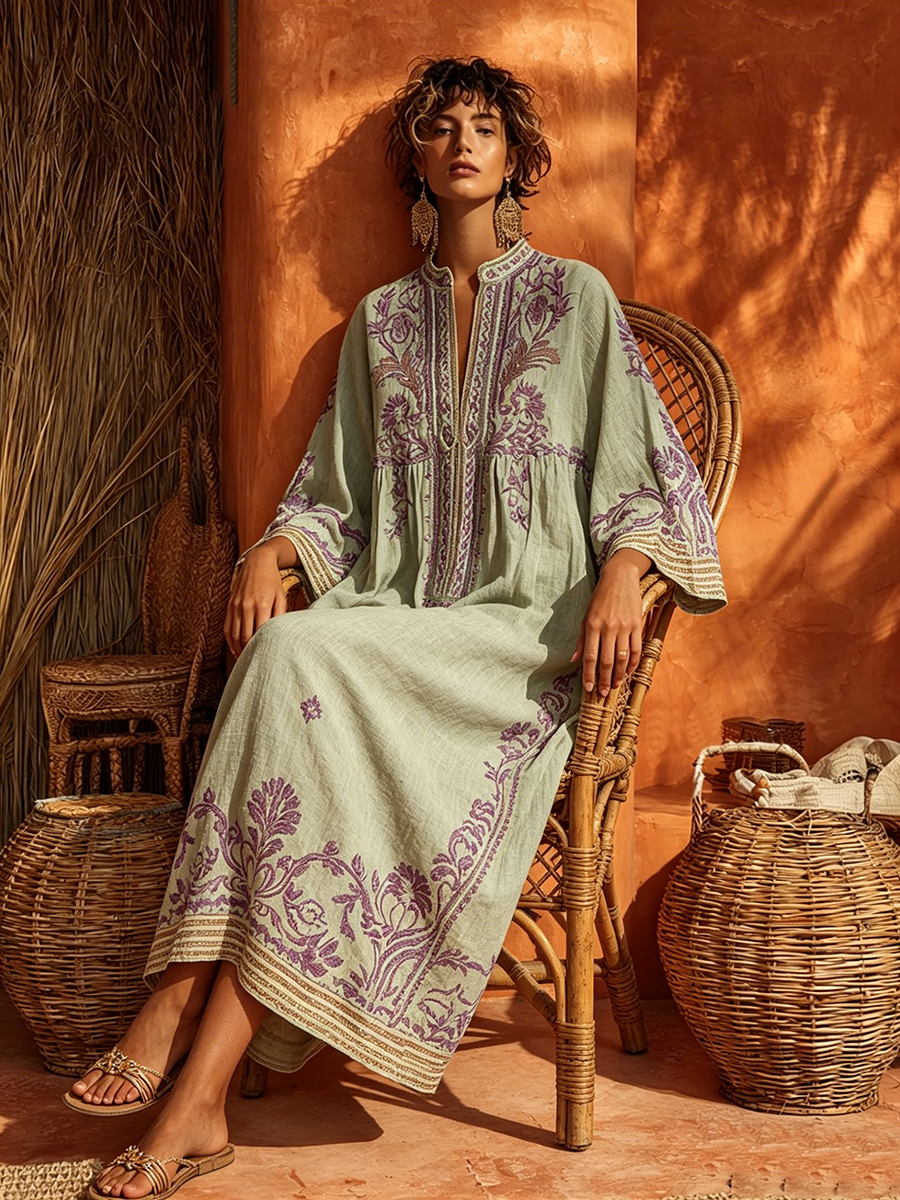 Women's Bohemian Printed Split Neck Maxi Dress with Side Pockets