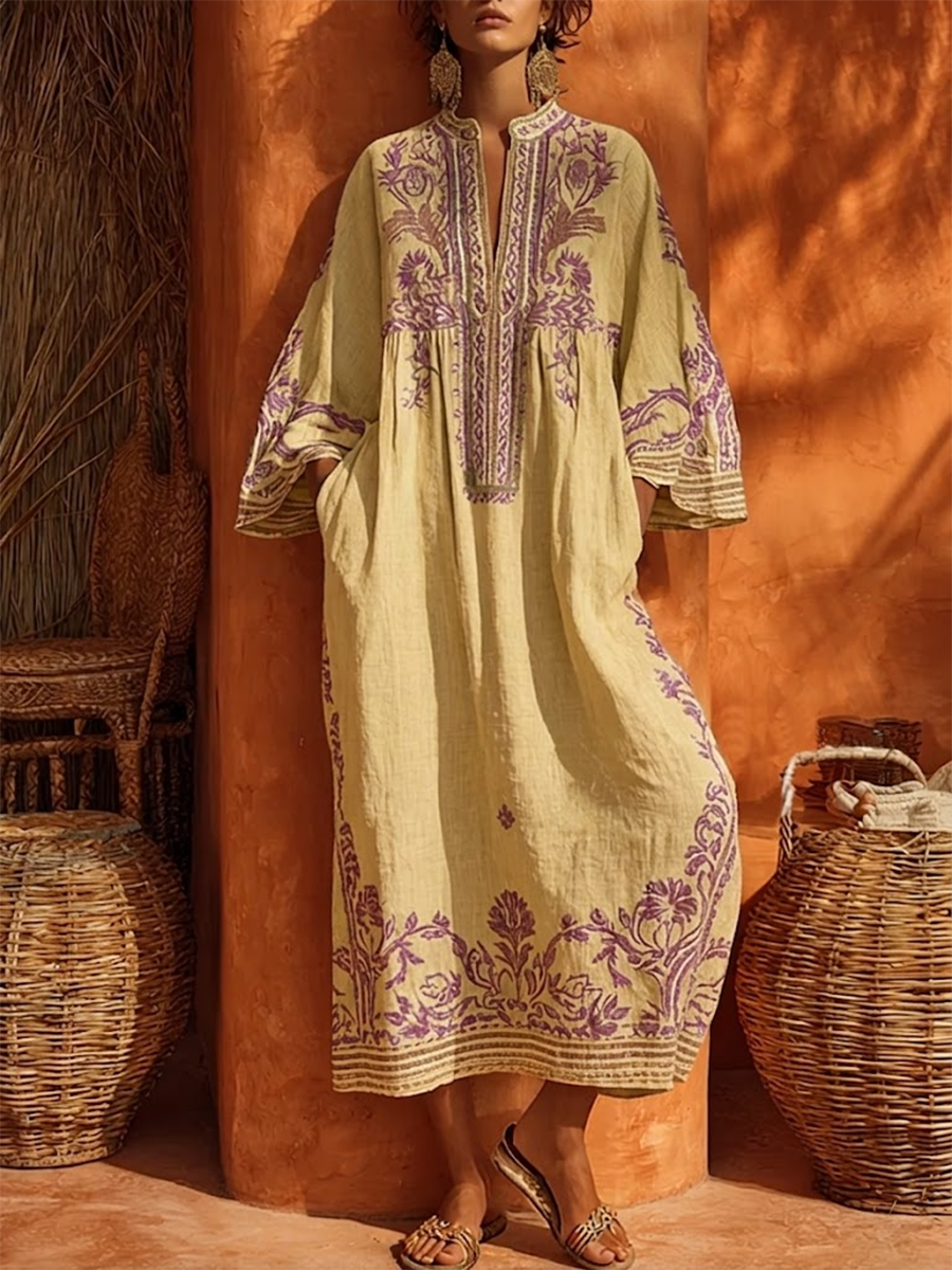 Robe maxi bohème imprimée pour femme avec encolure fendue et poches latérales  