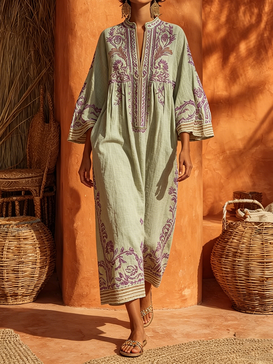 Women's Bohemian Printed Split Neck Maxi Dress with Side Pockets