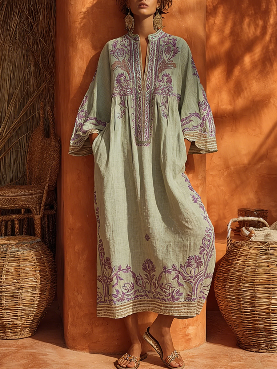 Women's Bohemian Printed Split Neck Maxi Dress with Side Pockets
