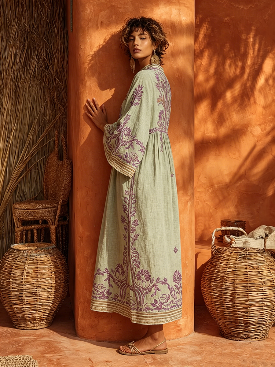 Women's Bohemian Printed Split Neck Maxi Dress with Side Pockets