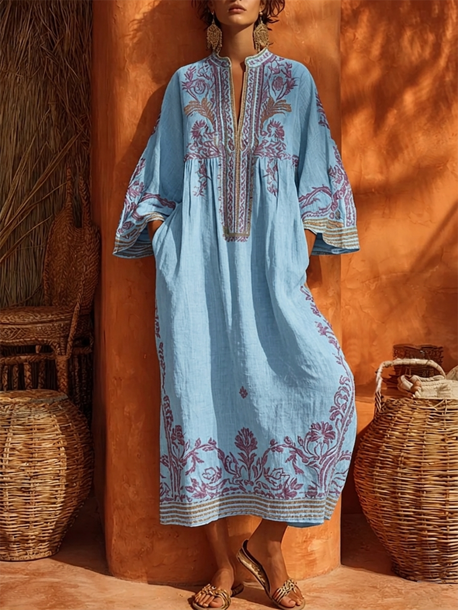 Robe maxi bohème imprimée pour femme avec encolure fendue et poches latérales  
