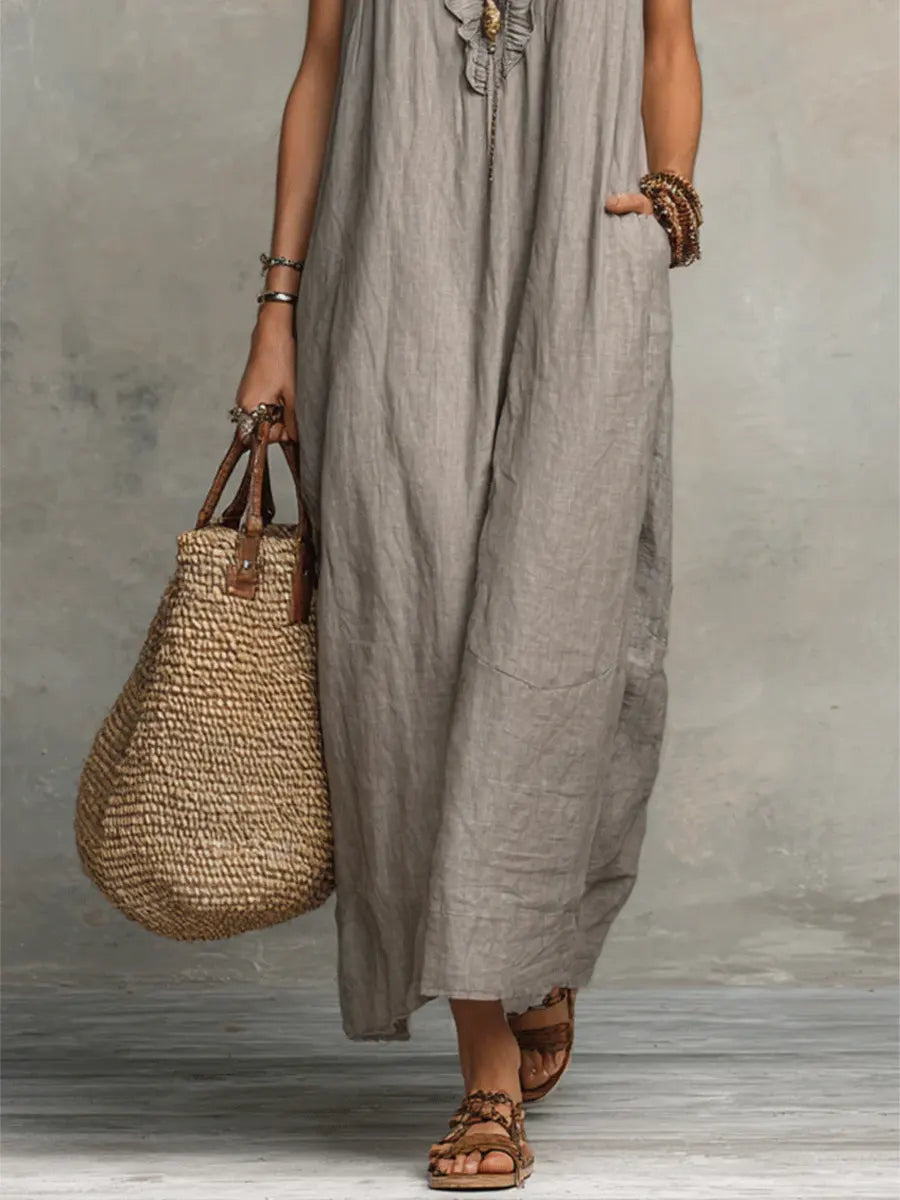 Women's Casual Ruffle Trim V Neck Maxi Dress with Practical Side Pockets