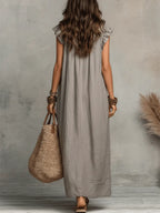 Women's Casual Ruffle Trim V Neck Maxi Dress with Practical Side Pockets