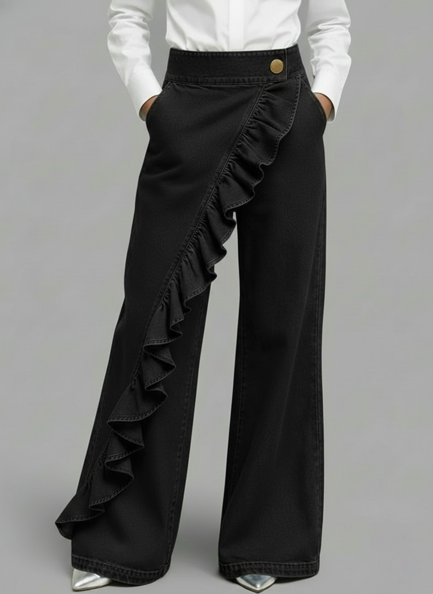 Women's Ruffle Detail Wide-Leg Jeans
