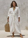 Damen Boho Maxikleid mit Knopfleiste, gedrehtem Taillenbund und Hemdkragen