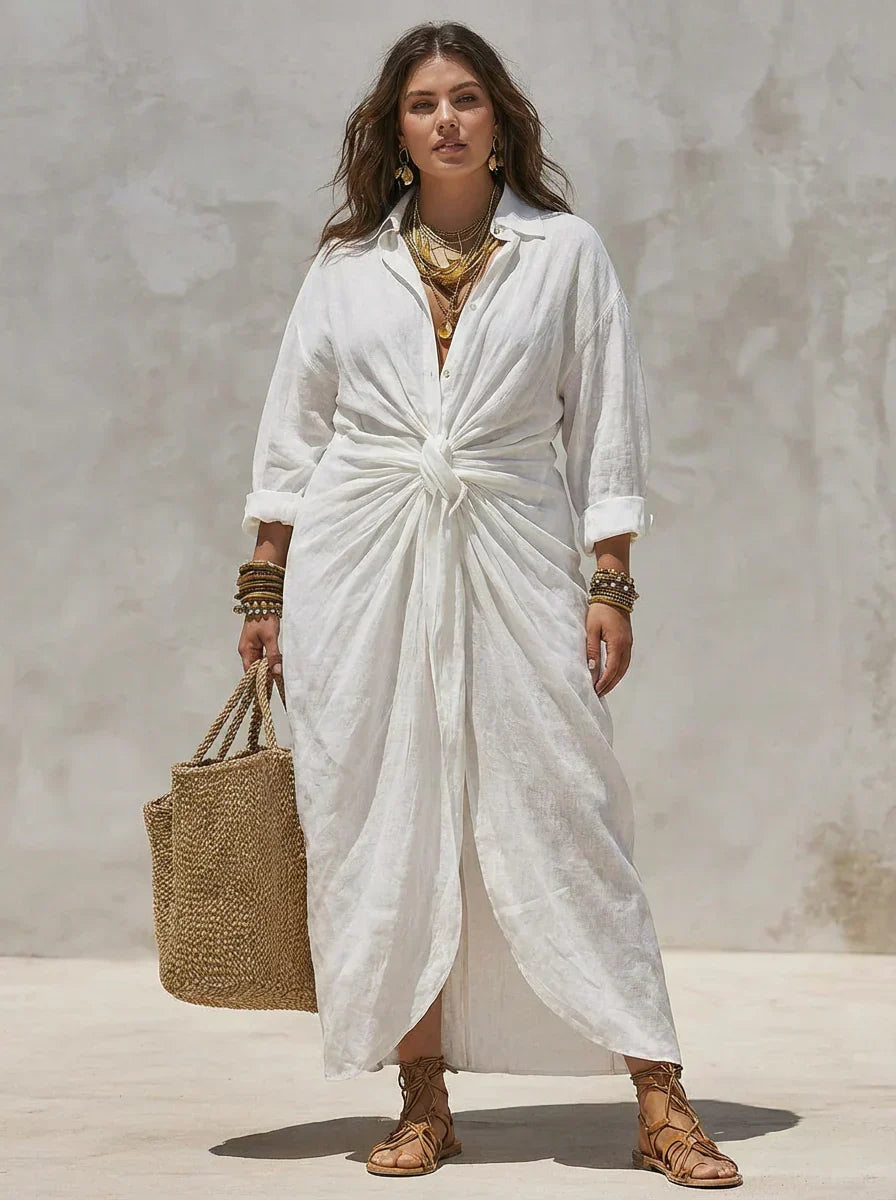 Damen Boho Maxikleid mit Knopfleiste, gedrehtem Taillenbund und Hemdkragen
