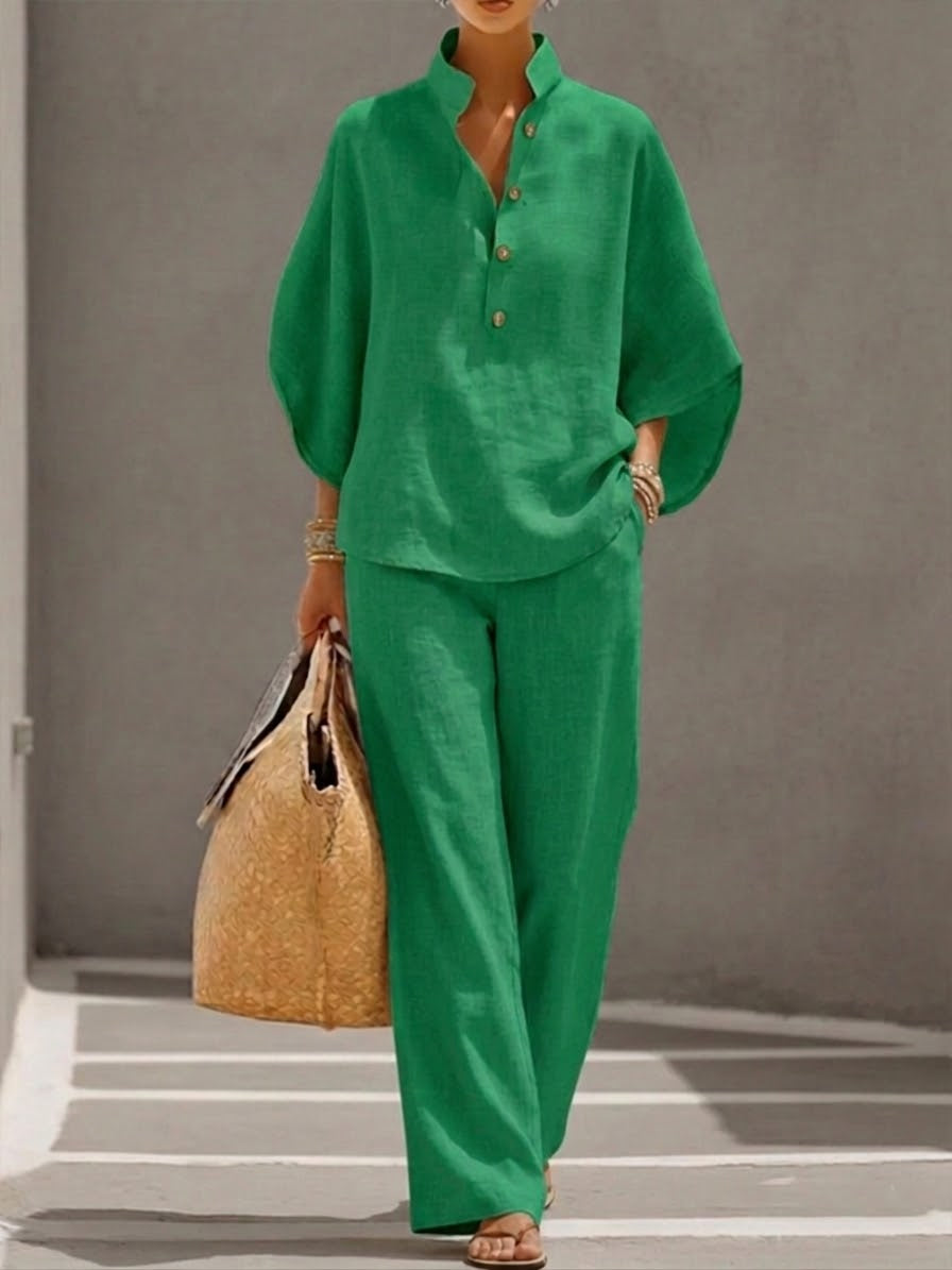 Women's Cotton Linen Two-Piece Set with Batwing Top and Wide-Leg Trousers