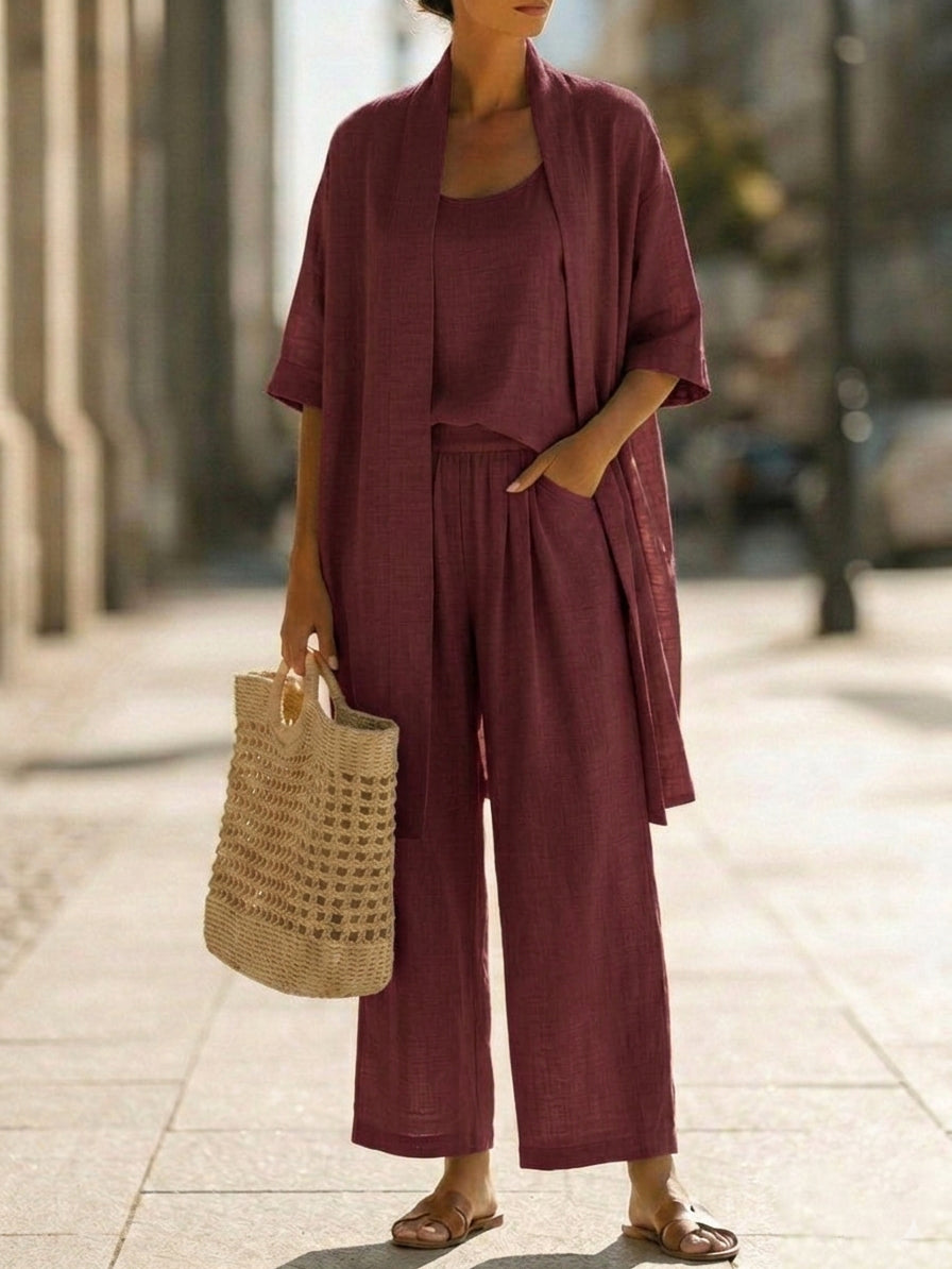 Ensemble détente pour femme composé d'un cardigan ouvert en trois pièces et d'un pantalon large