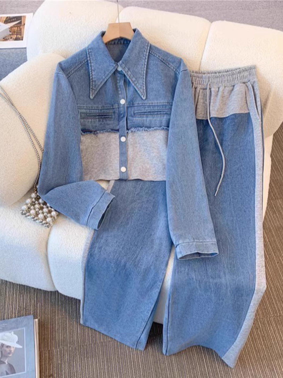 Ensemble deux pièces contrasté en denim pour femme