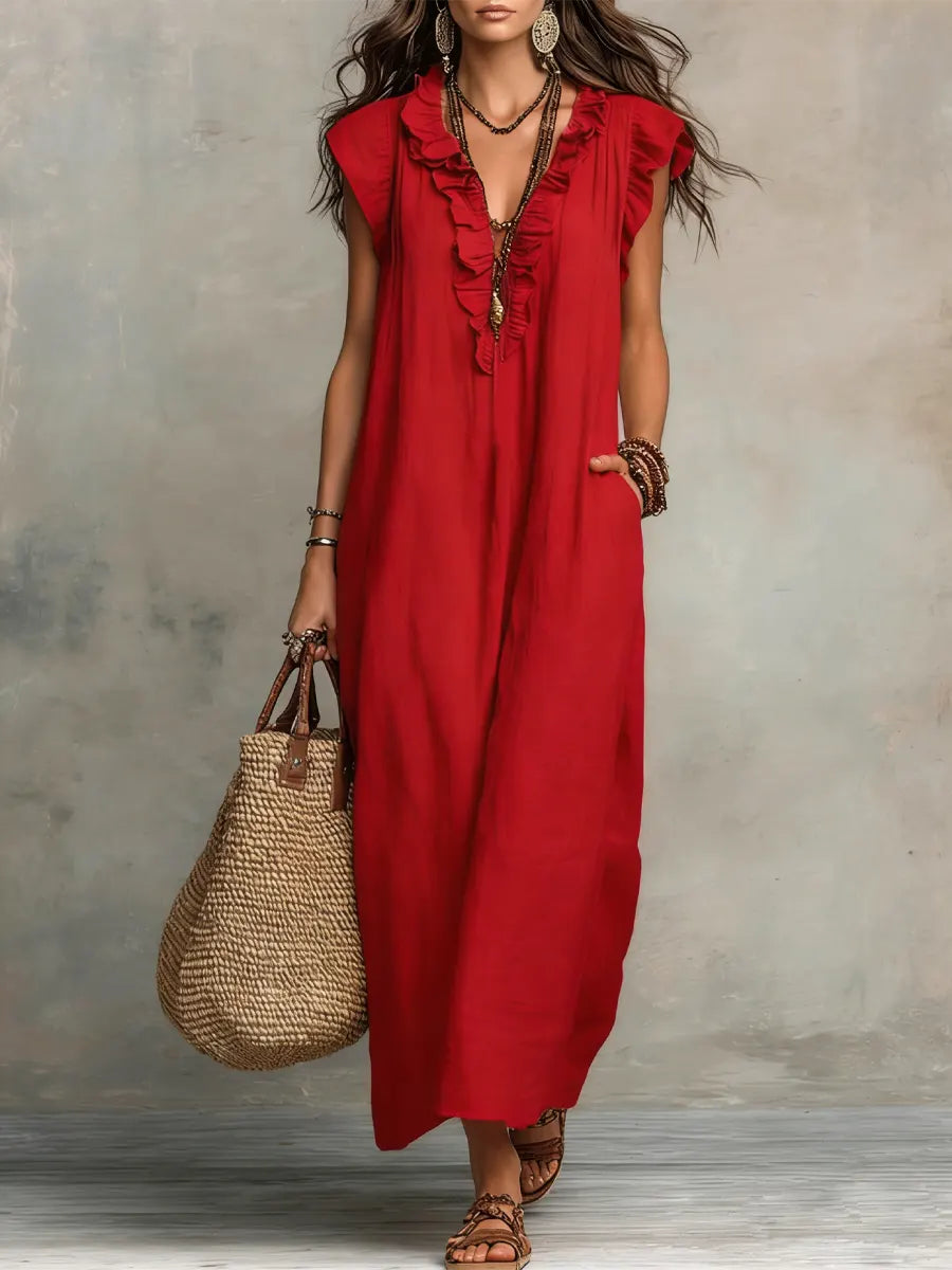 Robe maxi décontractée pour femme à col en V avec bordure à volants et poches latérales pratiques  