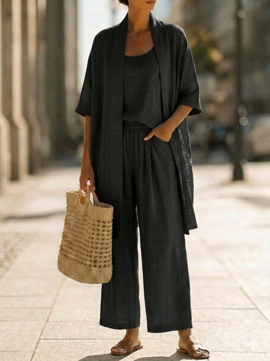 Ensemble détente pour femme composé d'un cardigan ouvert en trois pièces et d'un pantalon large