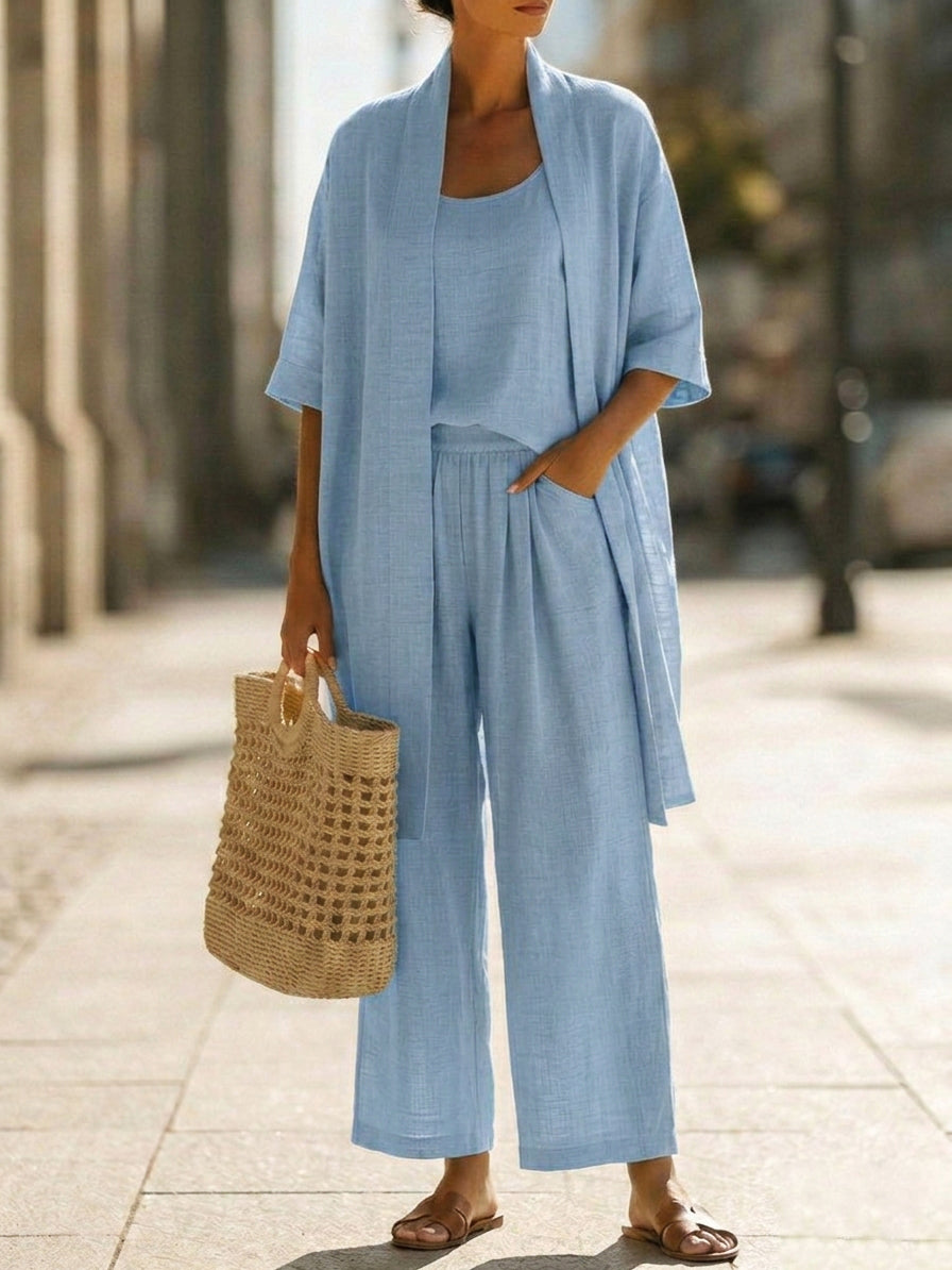 Ensemble détente pour femme composé d'un cardigan ouvert en trois pièces et d'un pantalon large