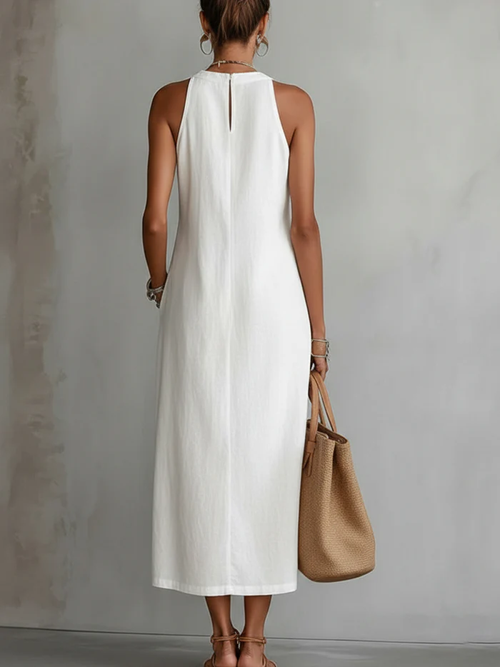 Women's Sleeveless Midi Dress with Lace Panels and High Neck Design