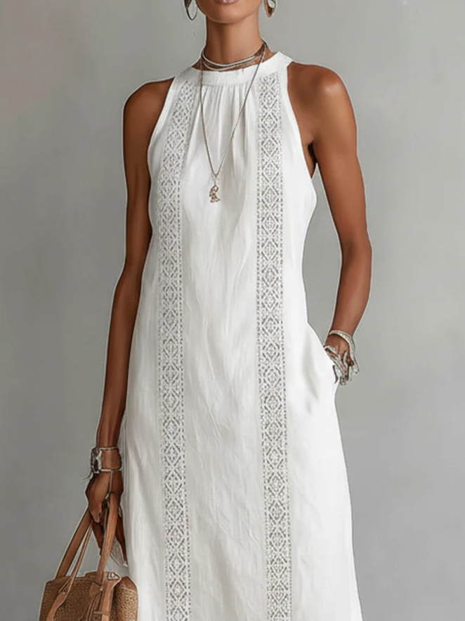Women's Sleeveless Midi Dress with Lace Panels and High Neck Design