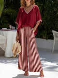 Women's V Neck Oversized Top and Striped Wide Leg Trouser Set