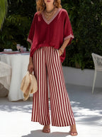Women's V Neck Oversized Top and Striped Wide Leg Trouser Set
