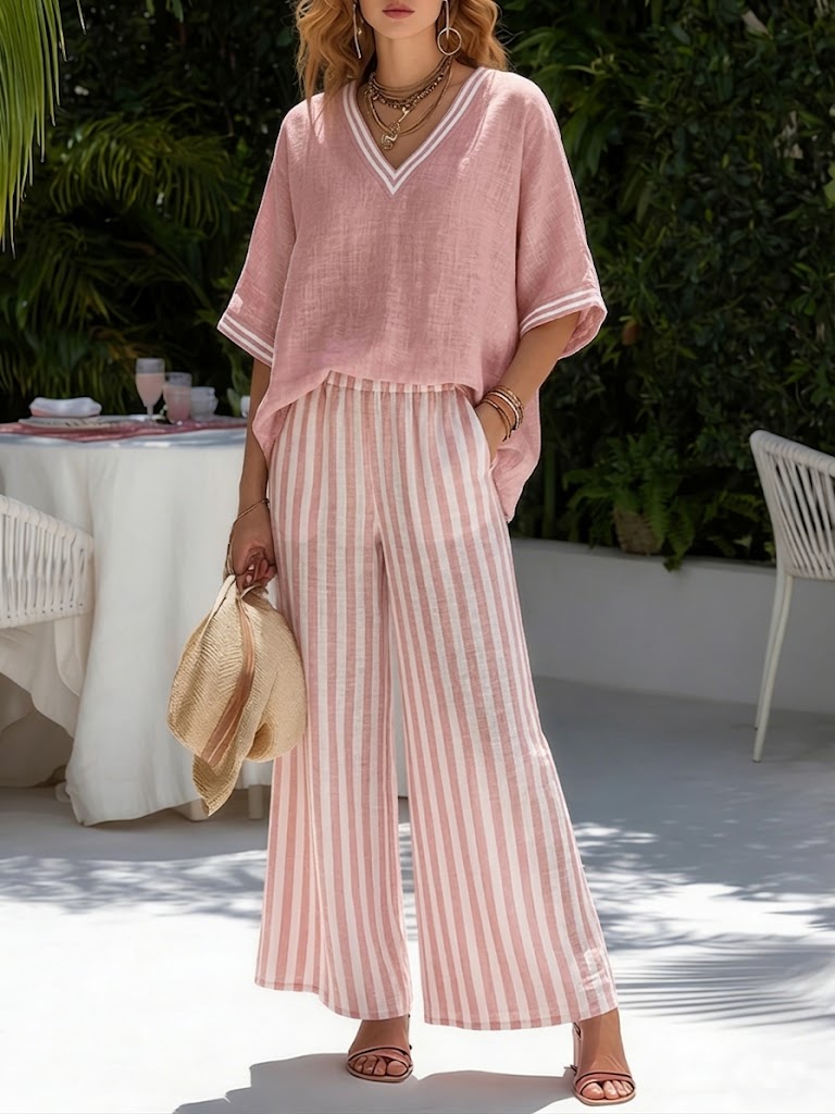 Ensemble pour femme composé d'un haut oversize à col en V et d'un pantalon large rayé