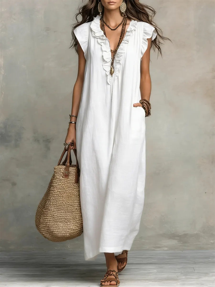 Robe maxi décontractée pour femme à col en V avec bordure à volants et poches latérales pratiques  