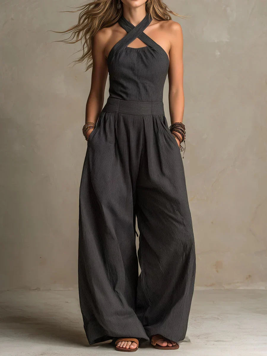 Damen Jumpsuit mit gekreuztem Neckholder und weitem Bein