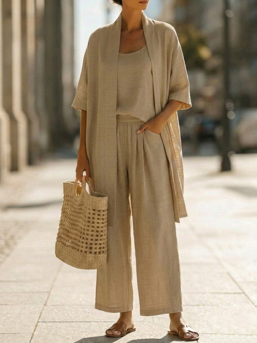 Women's Three Piece Open Front Cardigan Lounge Set with Wide Leg Trousers