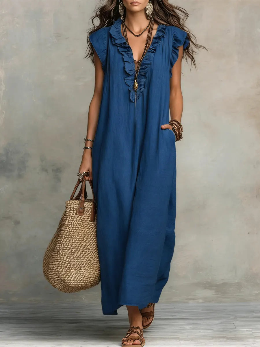 Robe maxi décontractée pour femme à col en V avec bordure à volants et poches latérales pratiques  